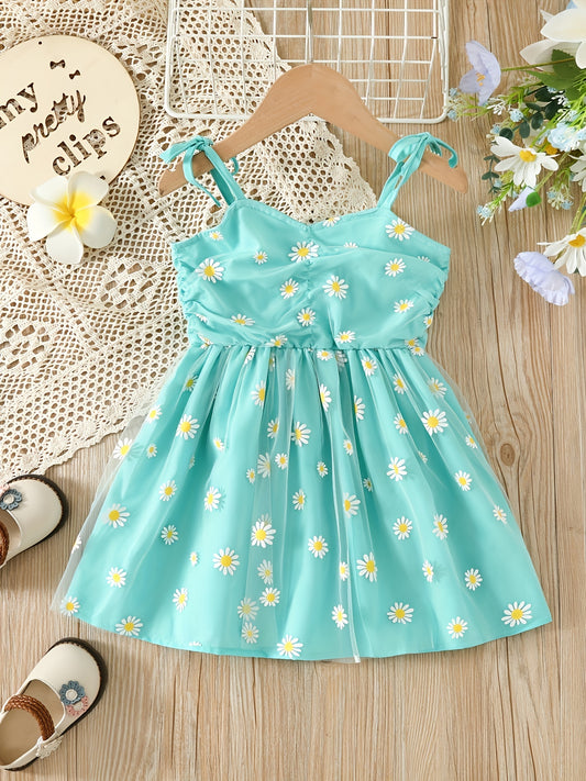 Girls Daisy Print Cami Dress With Tulle - Party Holiday Outfit