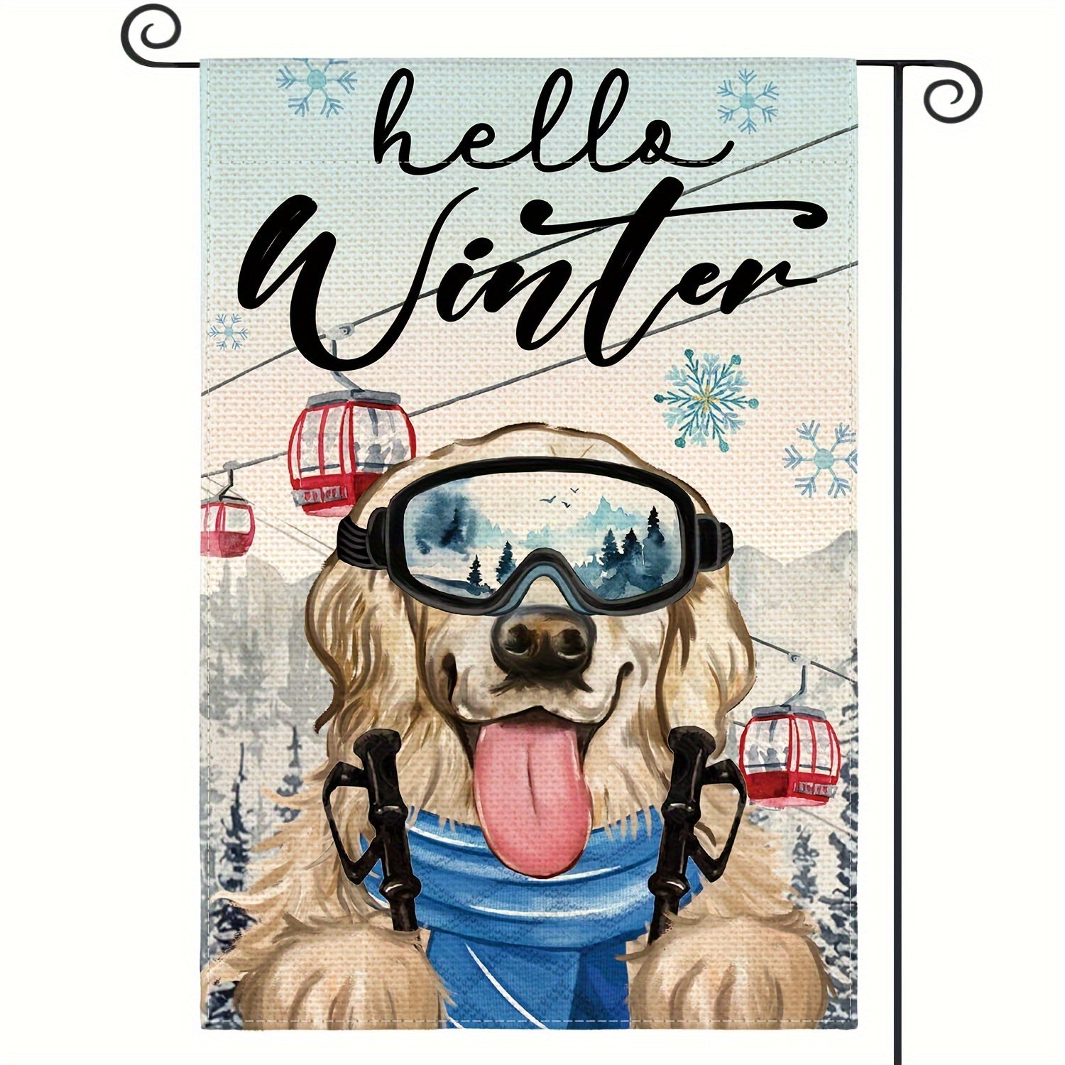 Hello Winter Dog Garden Flag Double Sided Snowflake Skiing Golden Retriever