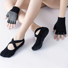 Non Slip Yoga Set with Gloves & Cross Strap Socks