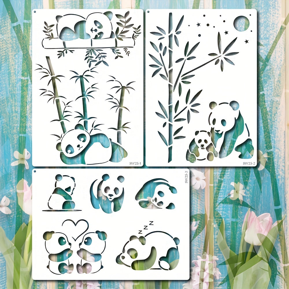 3pcs A4 Size Panda Mother Bamboo Stencils Wood Carving Scrapbooki