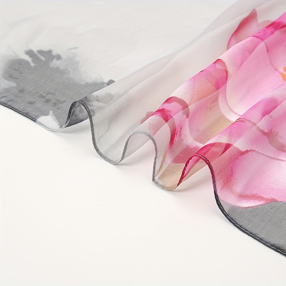 Lotus Print Chiffon Vintage Scarf Long Shawl Spring Summer Thin Head Wrap