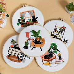 Cat Embroidery Kit DIY Starter Set with Hoop