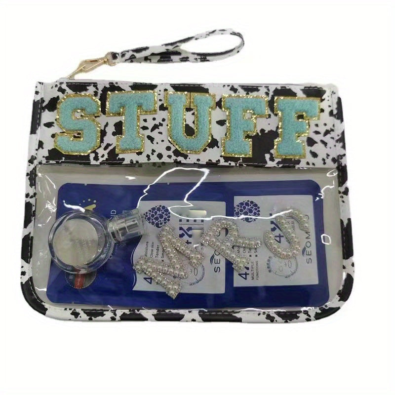 Chenille Letter Patch PVC Pouch Zipper Cosmetic Bag