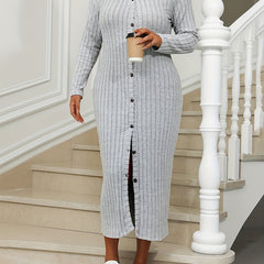  Solid Ribbed Knit Long Sleeve Maxi Dress