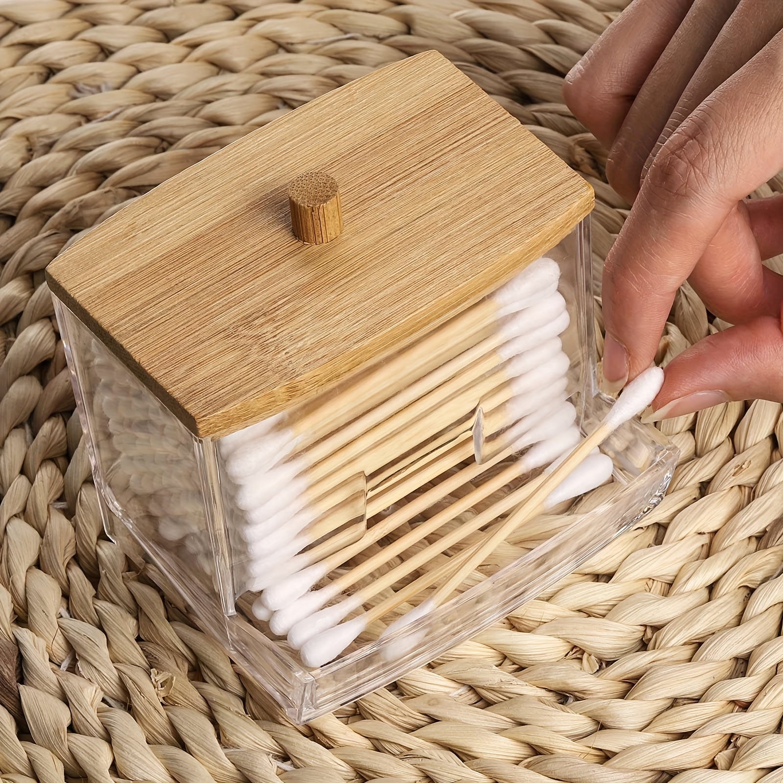 Clear Acrylic Swab Holder with Wooden Lid for Swabs Jewelry Powder Puffs