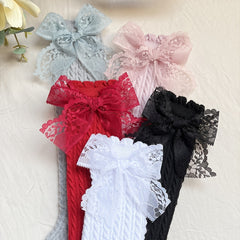 5 Pairs Girls Lace Bow Knit High Socks for Autumn/Spring