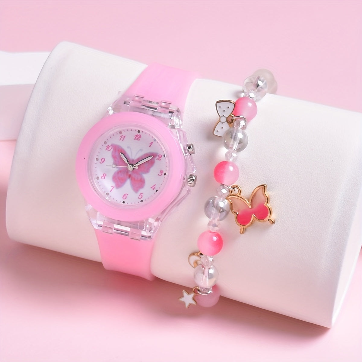 Girls' Butterfly LED Light Watch with Beaded Bracelet Set
