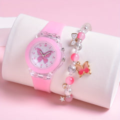 Girls' Butterfly LED Light Watch with Beaded Bracelet Set