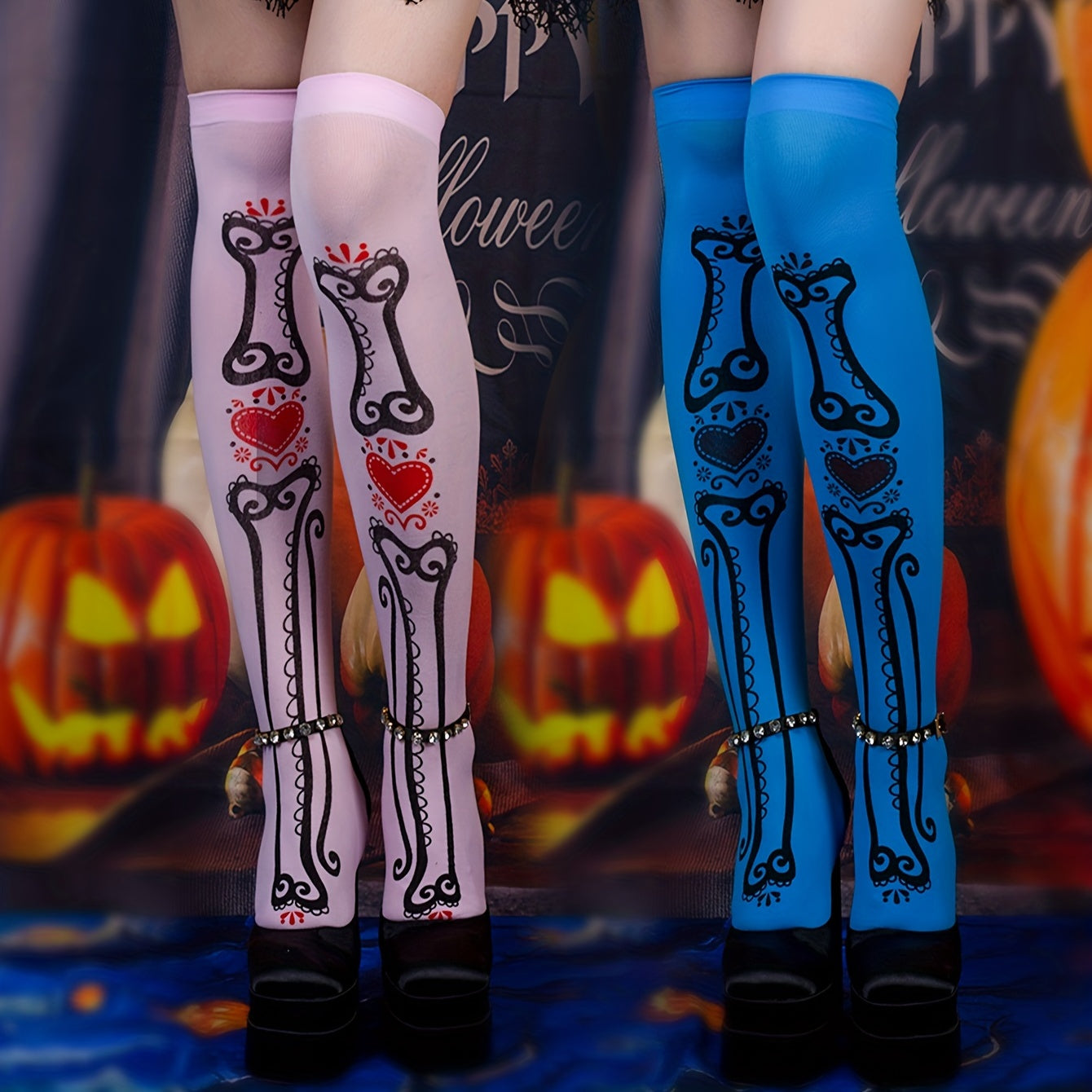 Bone Shaped Print Socks Y2K All match Over The Knee Socks Women's Stockings