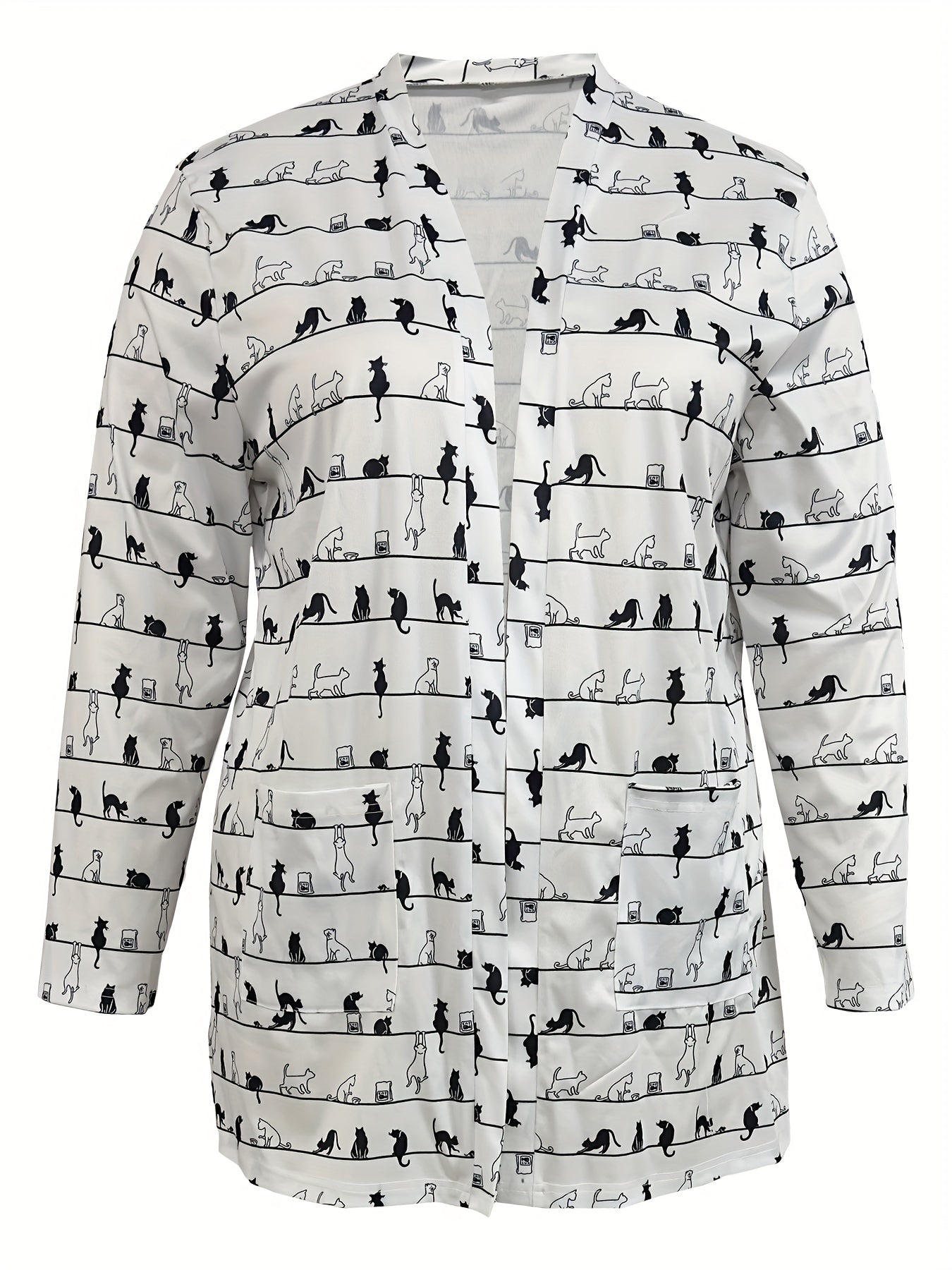  Cat Print Long Sleeve Open Front Cardigan