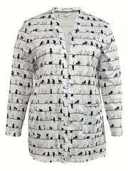  Cat Print Long Sleeve Open Front Cardigan