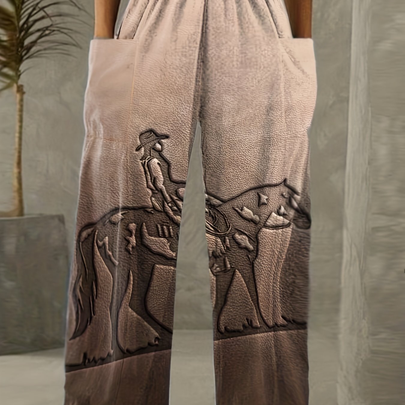 Cowboy Print Wide Leg Trousers with Pockets