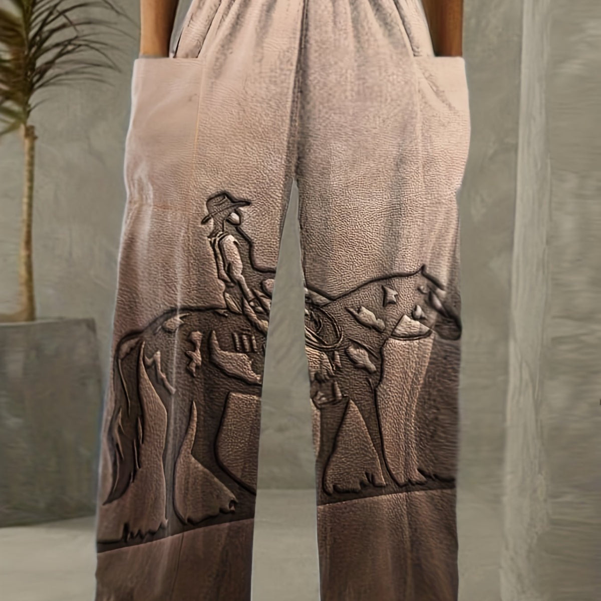 Cowboy Print Wide Leg Trousers with Pockets