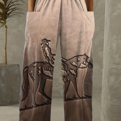 Cowboy Print Wide Leg Trousers with Pockets