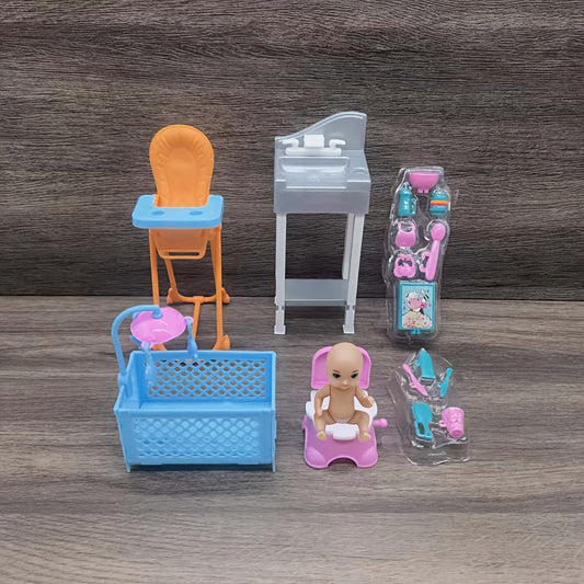 Doll Toy Set with Wash Basin, Toilet, Bed, Chair & Accessories