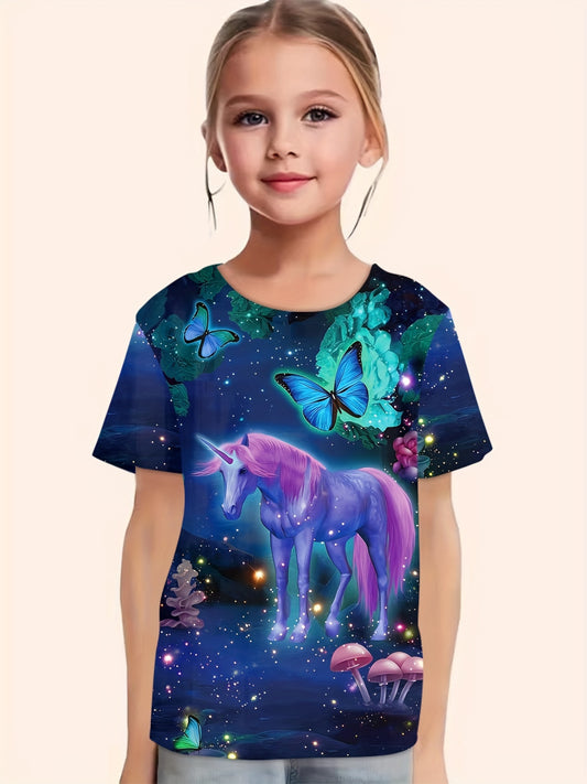 3D Unicorn & Butterfly Graphic Short Sleeve T shirt For Girls Summer Gift