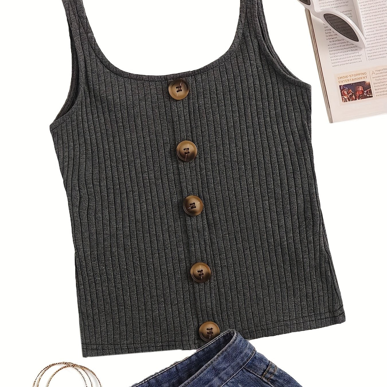 Ribbed Button Tank Top Crew Neck Sleeveless