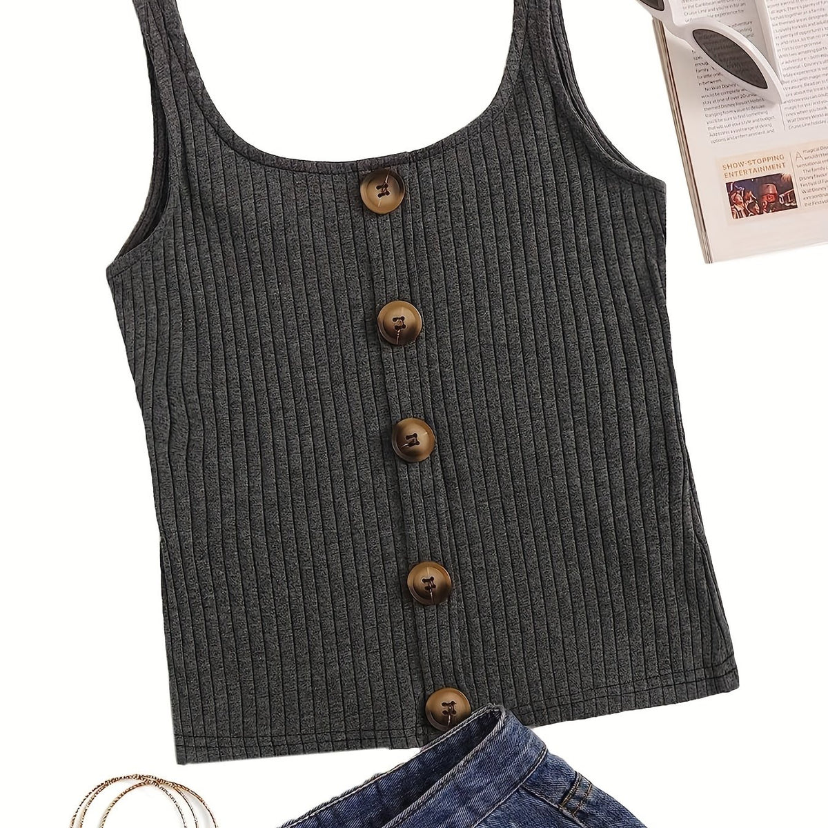 Ribbed Button Tank Top Crew Neck Sleeveless