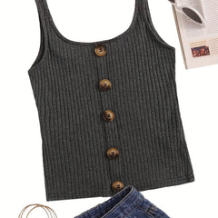 Ribbed Button Tank Top Crew Neck Sleeveless