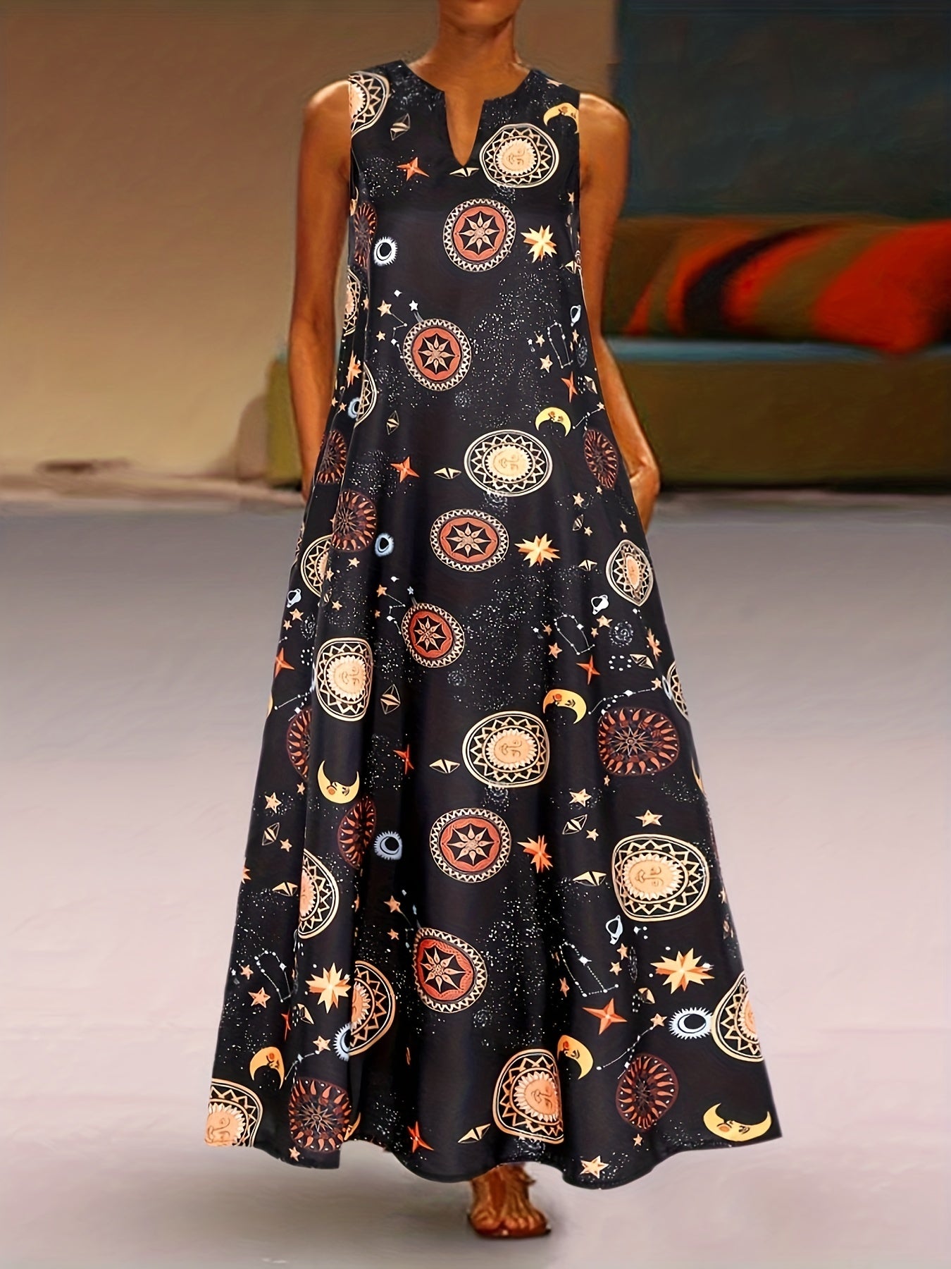Planet Print Notched Neck Tank Maxi Dress Plus Size