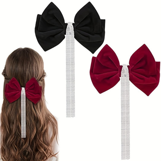 Velvet Bow Hair Clip with Rhinestone Tassel Barrette
