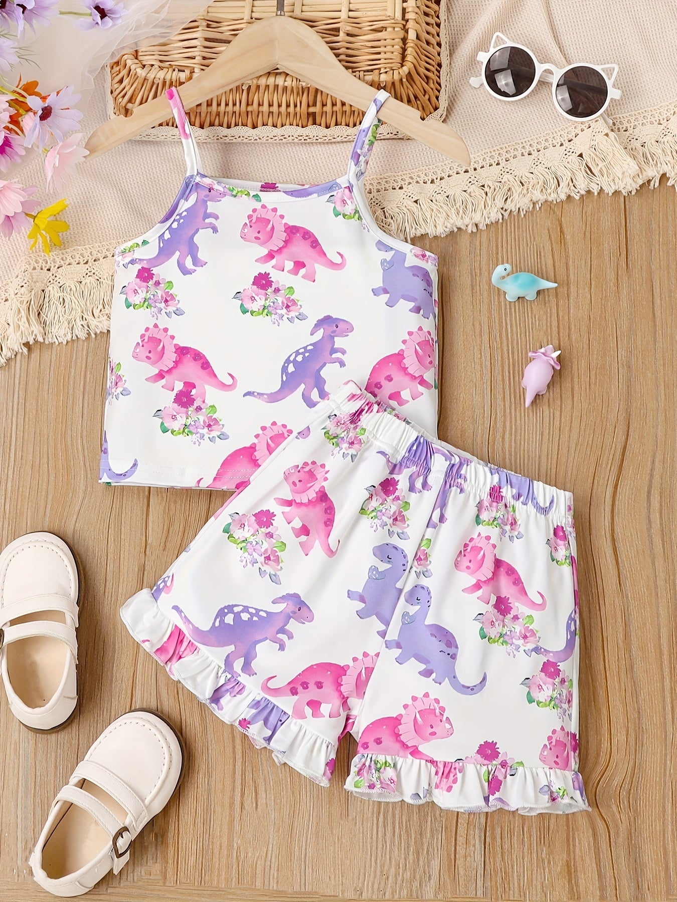 Girl's Dino Print Tank Top & Frilled Shorts Set
