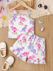 Girl's Dino Print Tank Top & Frilled Shorts Set