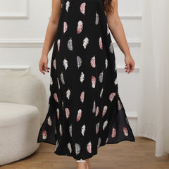 Feather Print Round Neck Split Maxi Dress