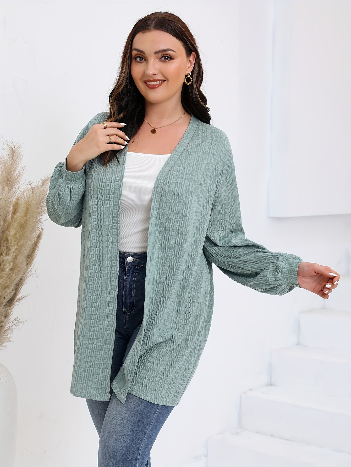  Solid Lantern Sleeve Open Front Stretch Cable Knitted Cardigan