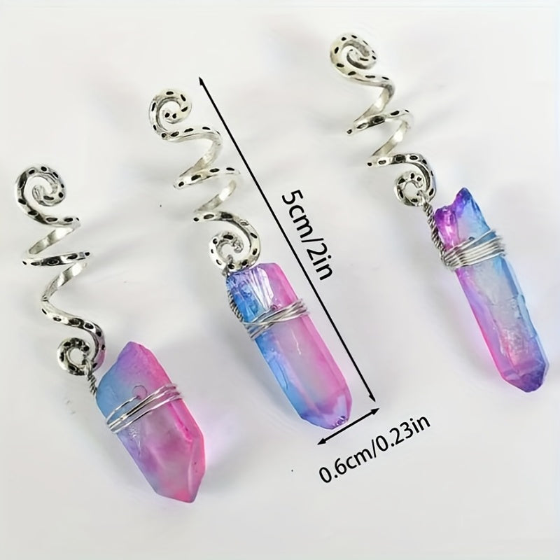 3pcs Gradient Stone Hair Ring Dreadlocks Braid Hippie Style Hair Accessories