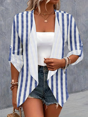  Stripe Print Open Front Cardigan