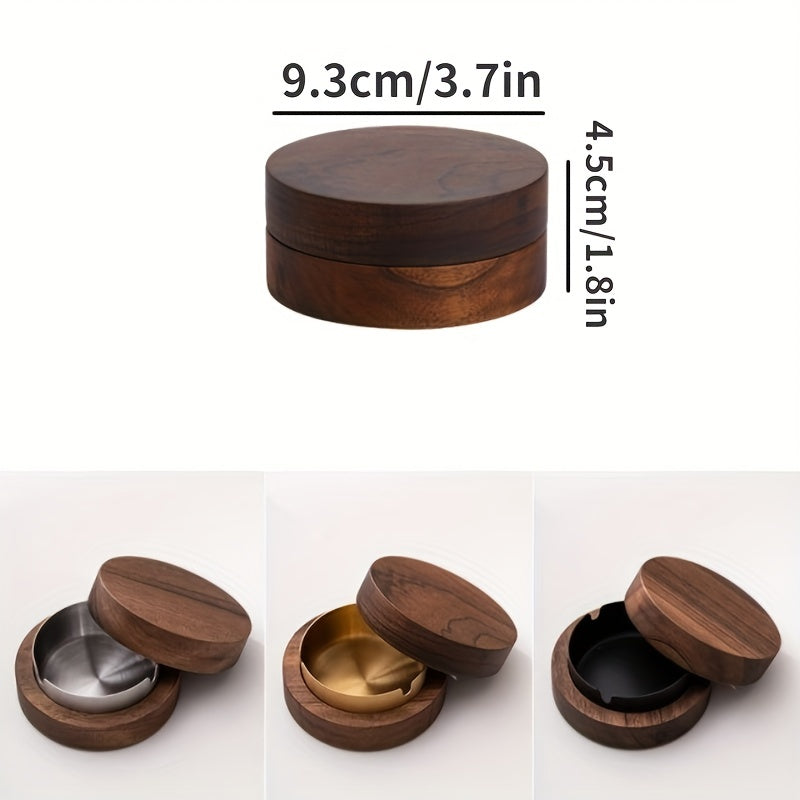 Stylish Wood and Stainless Steel Ashtray with Lid for Home and Office Use