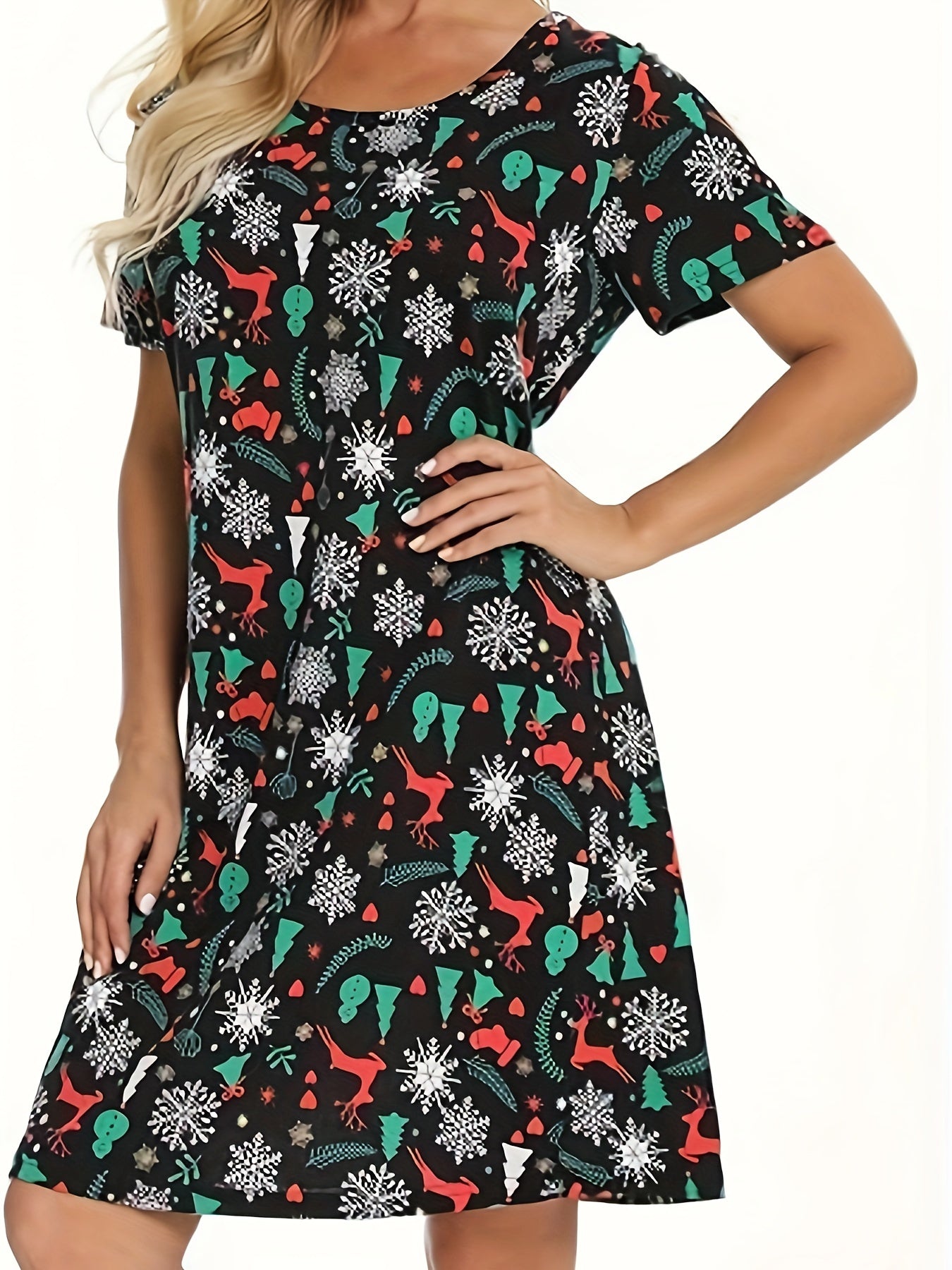  Christmas Nightdress Women's Plus Allover Print Short Sleeve Tee