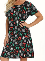  Christmas Nightdress Women's Plus Allover Print Short Sleeve Tee