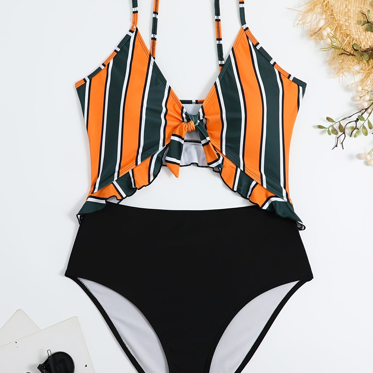  Colorblock Ruffle Trim Cut Out One Piece Swimsuit Women's Plus