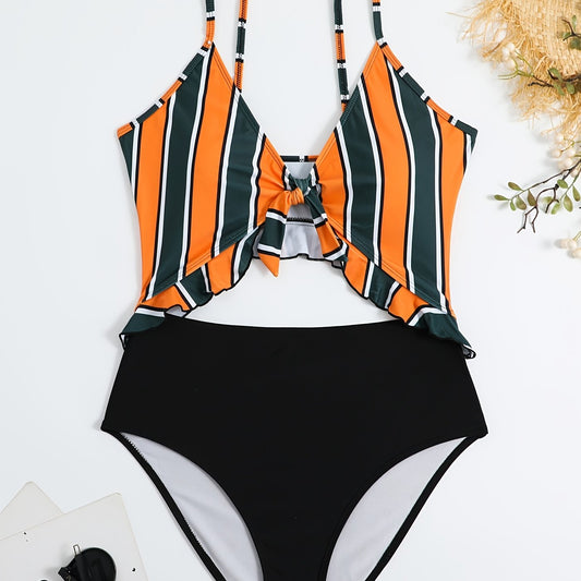  Colorblock Ruffle Trim Cut Out One Piece Swimsuit Women's Plus