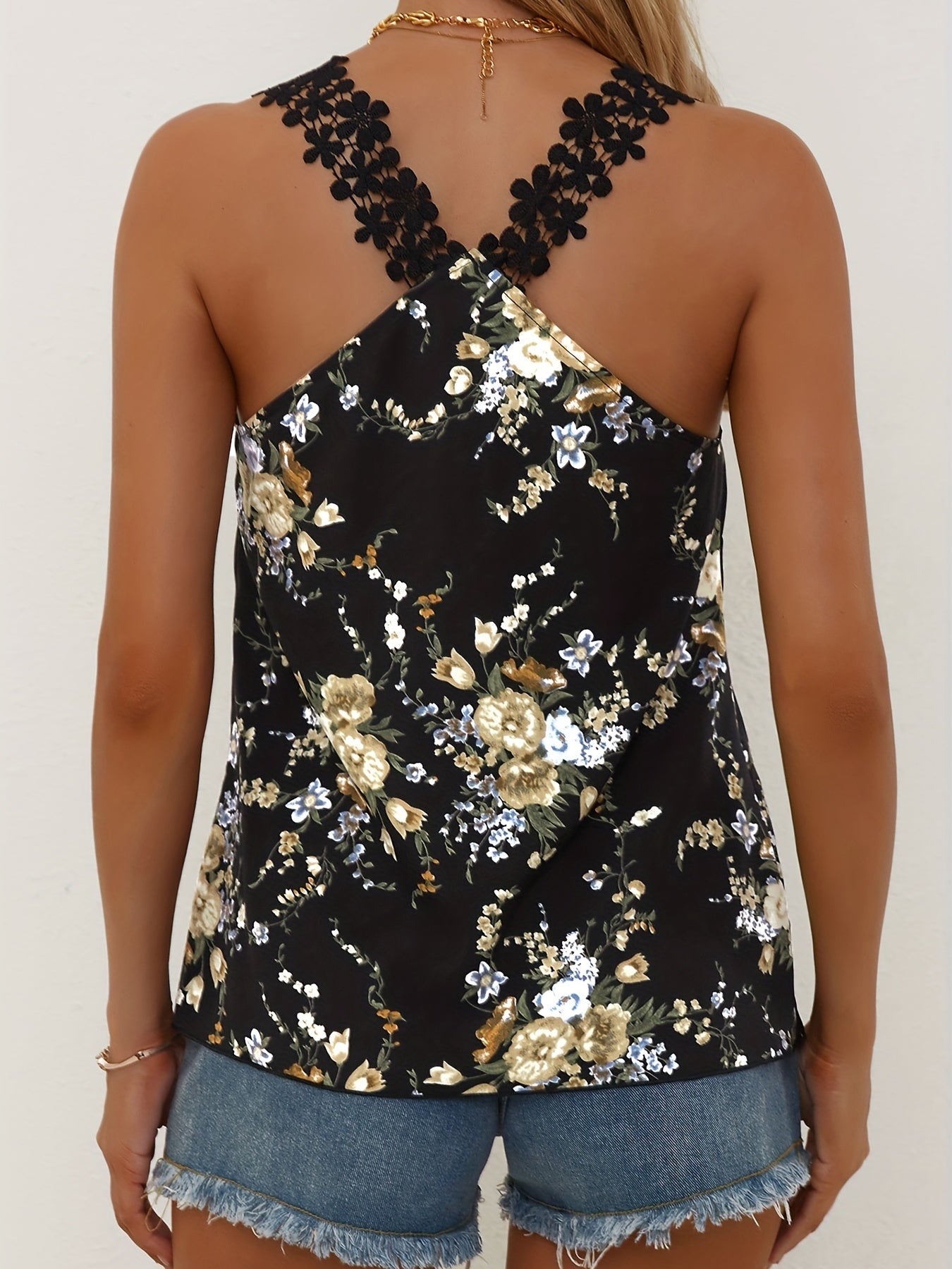 Floral Print Lace Strap V Neck Sleeveless Top