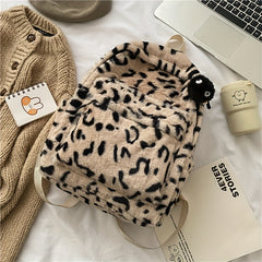 Plush Leopard Pattern Backpack Y2K Girls Student School Bag Fluffy Daypack