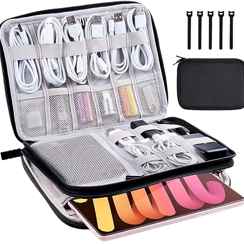 Compact Linen Electronics Organizer Double Layered Water Resistant Cable Storage