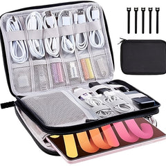 Compact Linen Electronics Organizer Double Layered Water Resistant Cable Storage