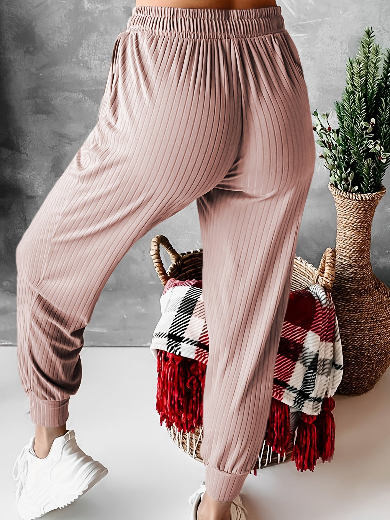 Ribbed Elastic Waist Jogger Pants Women's Athleisure