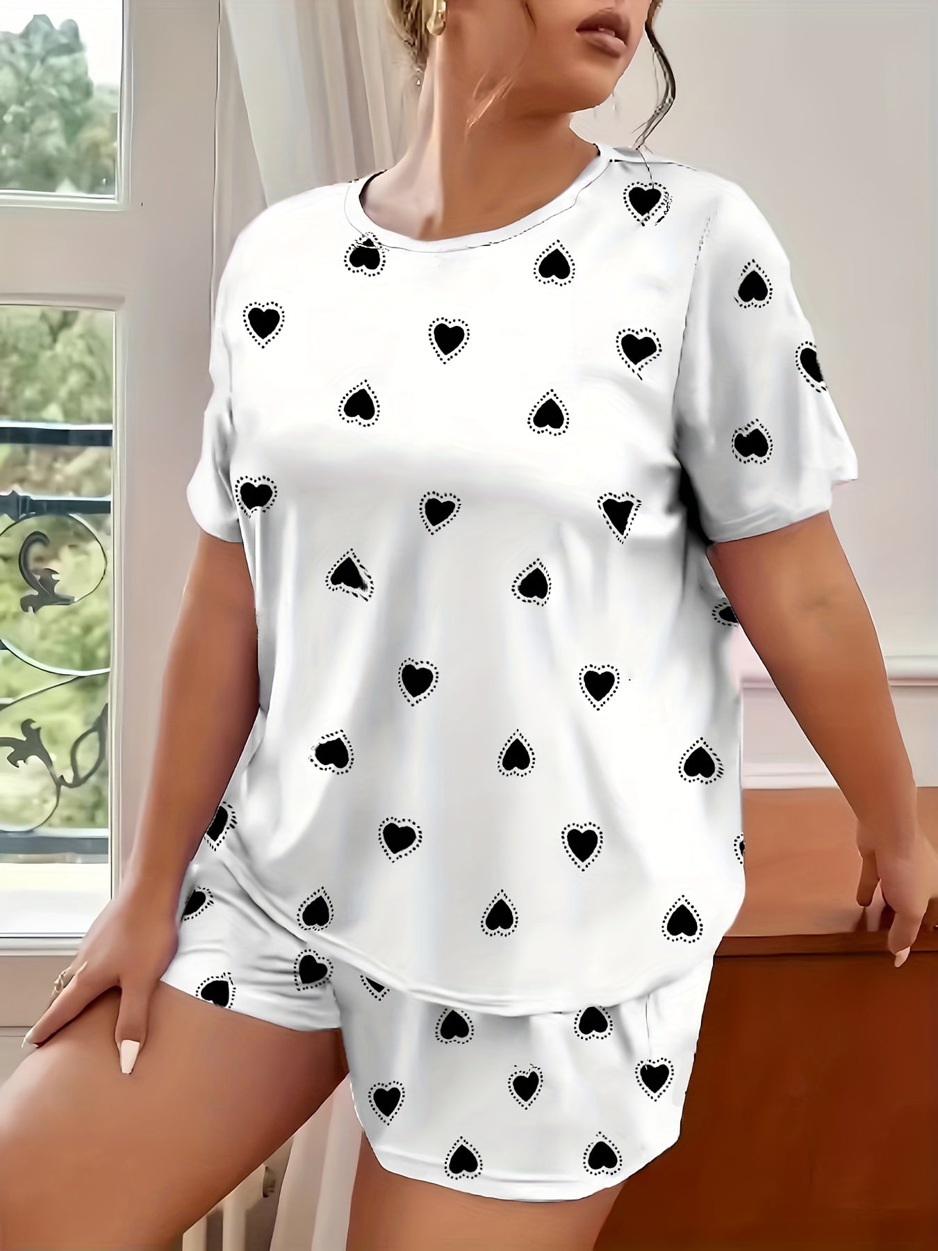  Heart Print Short Sleeve Pajama Set