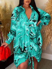 Women's Plus Marble Print Button Up Collar Dress
