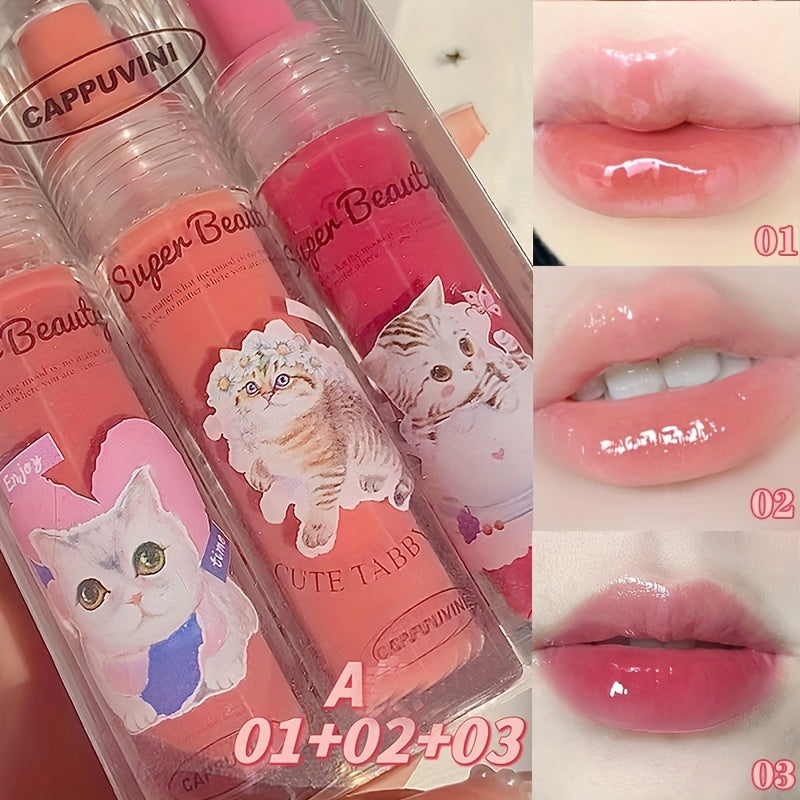 Cat Print 6 Jelly Lip Gloss Long Lasting Dew Sparkle Transparent Film