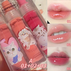 Cat Print 6 Jelly Lip Gloss Long Lasting Dew Sparkle Transparent Film
