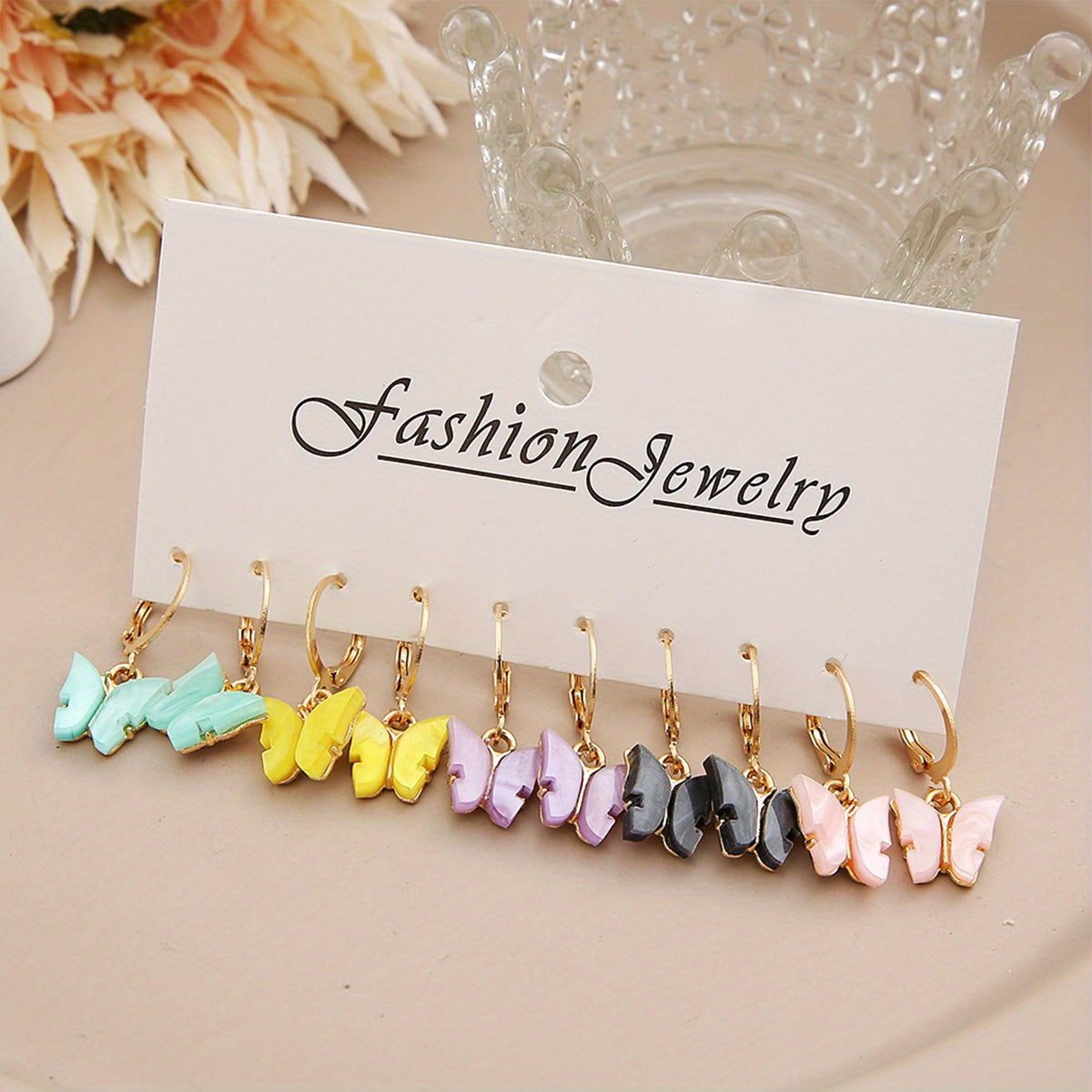 5 Pairs Colorful Butterfly Drop Earrings Set