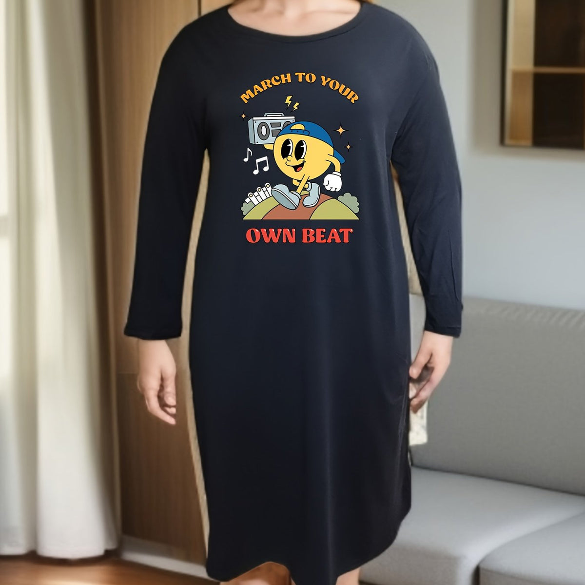  Lounge Dress Women's Plus Cartoon Graphic Long Sleeve Tee Dress