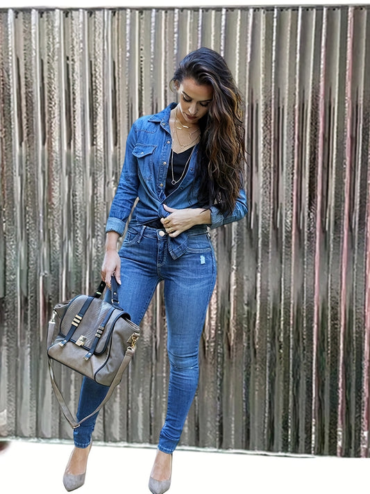 Ripped Whiskering Skinny Jeans Washed Medium Stretch Denim Pants