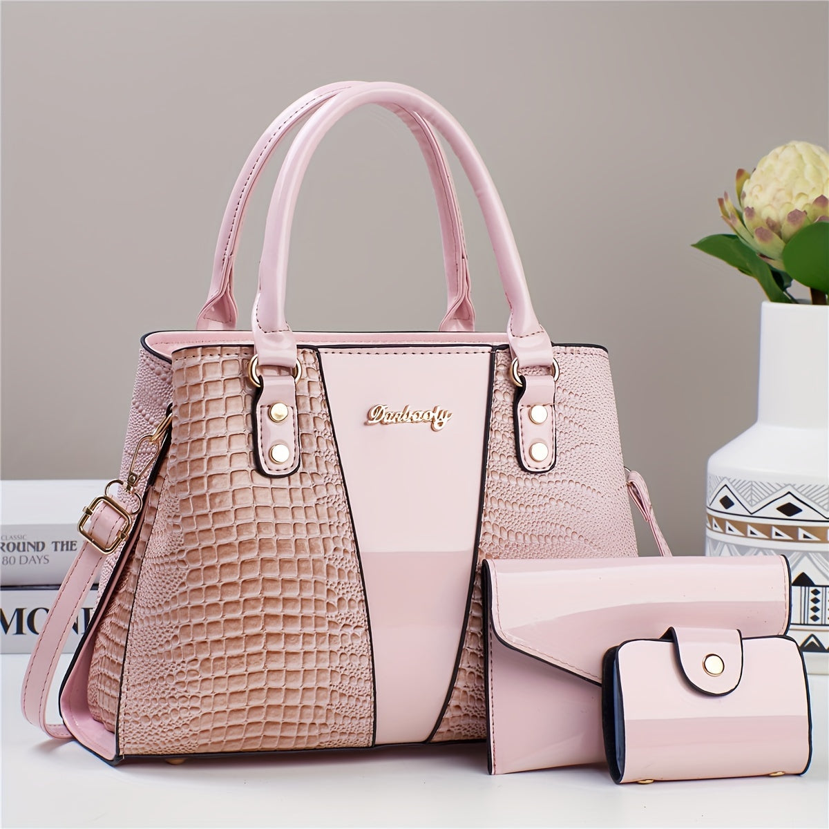 Crocodile Embossed 3pcs Handbag Set: Tote, Crossbody Bag & Card Holder