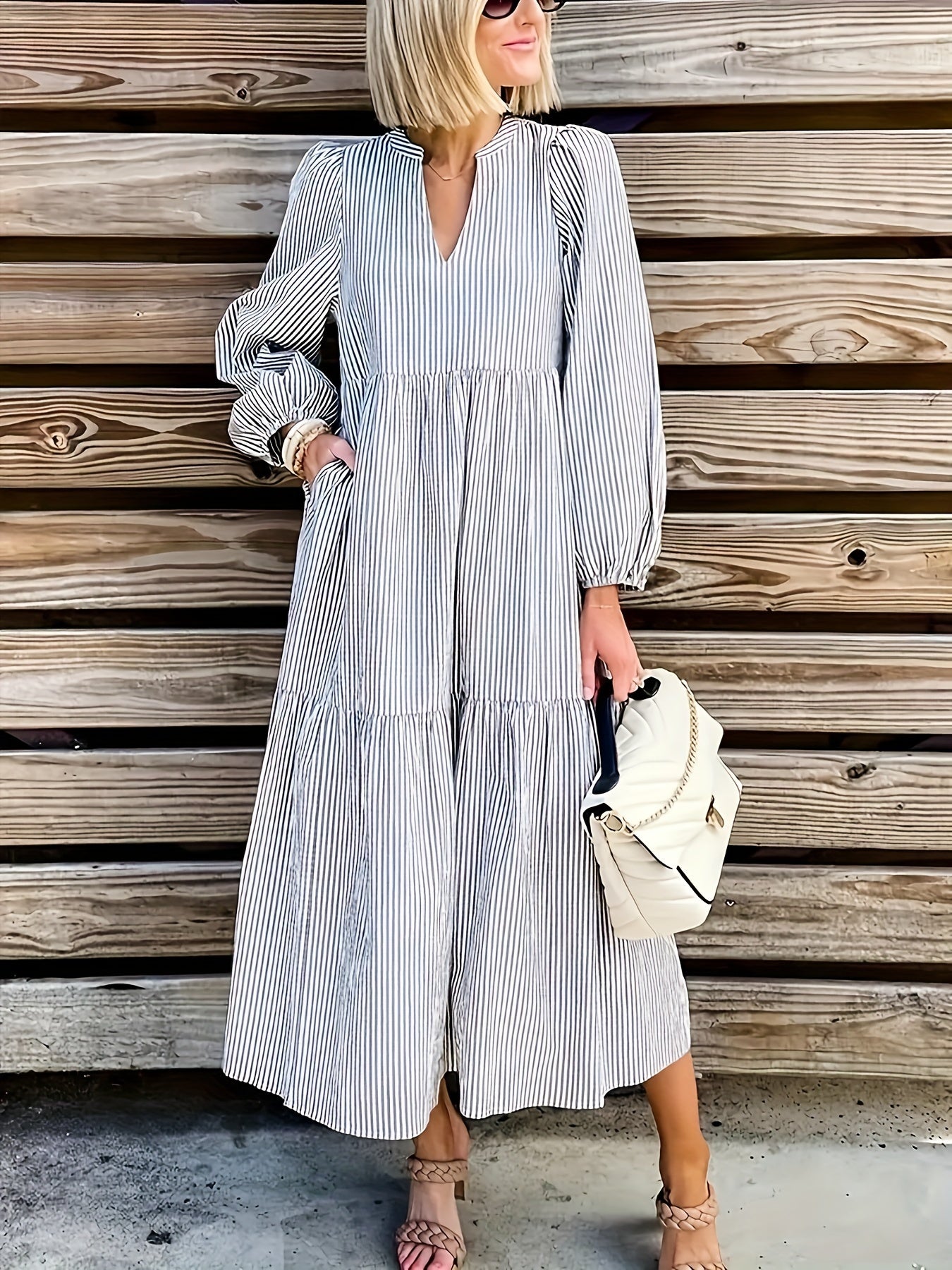 Plus Stripe Print Lantern Sleeve Maxi Dress